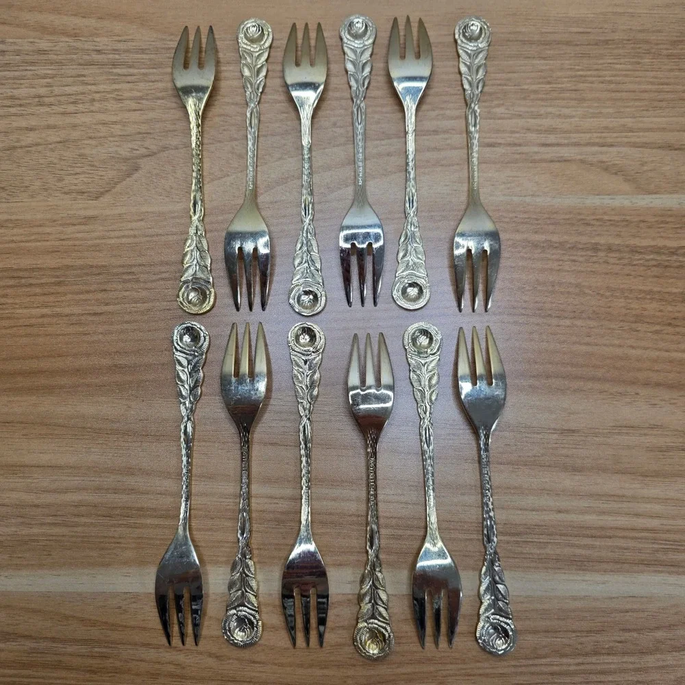 Vintage Rostfrei Esmeyer Gold Electroplate Rose‎ Handled Dessert Set 30 Pieces